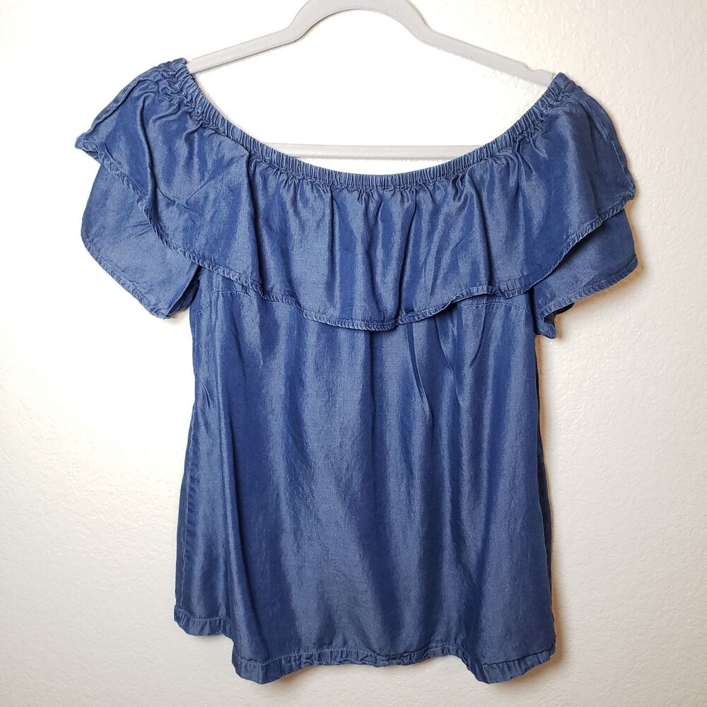 Blue Off-the-Shoulder Ruffle Swing Top